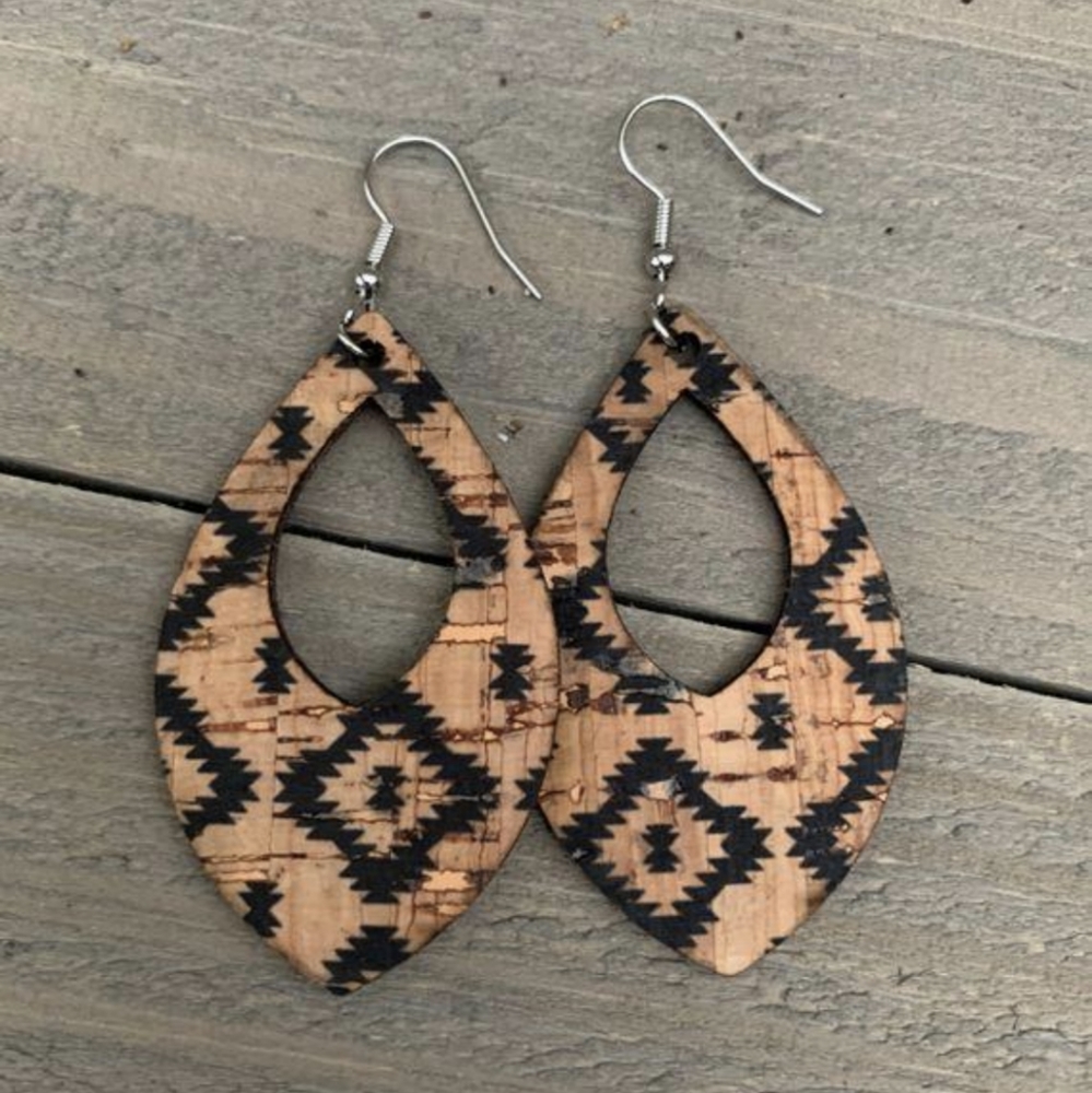 Aztec Cork and Leather Teardrop Earrings